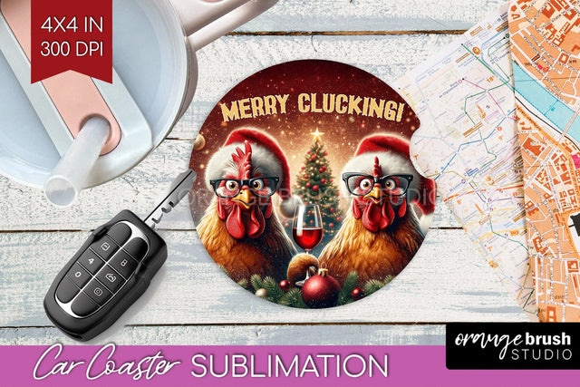 Funny Christmas Car Coaster PNG, Chicken Coaster Sublimatoin Sublimation OrangeBrushStudio 