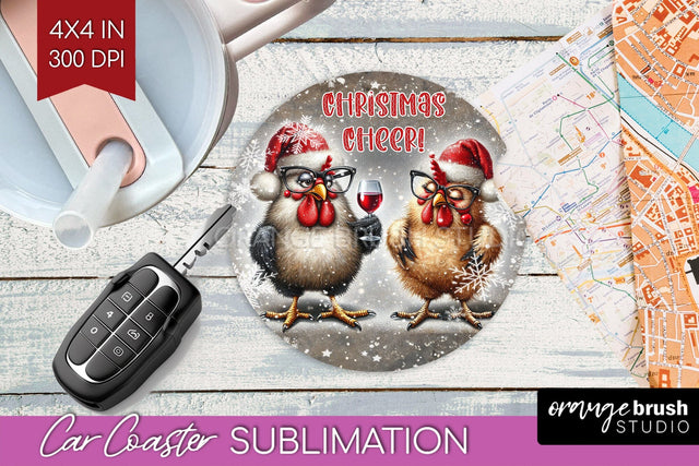 Funny Christmas Car Coaster PNG, Chicken Coaster Sublimatoin Sublimation OrangeBrushStudio 