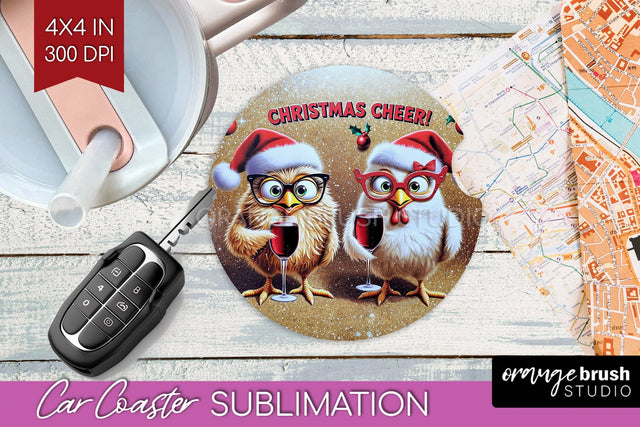Funny Christmas Car Coaster PNG, Chicken Coaster Sublimatoin Sublimation OrangeBrushStudio 