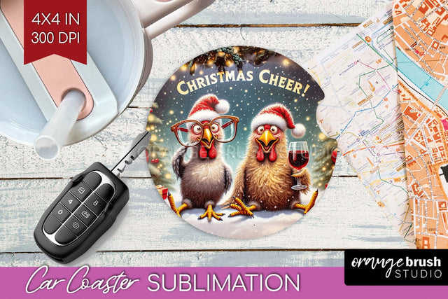 Funny Christmas Car Coaster PNG, Chicken Coaster Sublimatoin Sublimation OrangeBrushStudio 