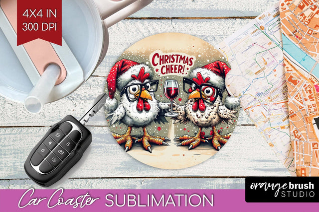 Funny Christmas Car Coaster PNG, Chicken Coaster Sublimatoin Sublimation OrangeBrushStudio 