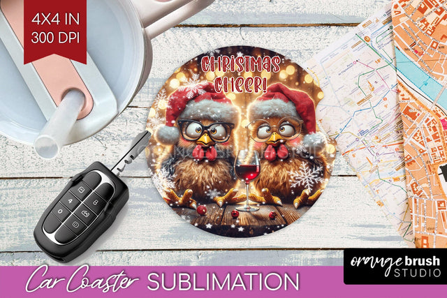 Funny Christmas Car Coaster PNG, Chicken Coaster Sublimatoin Sublimation OrangeBrushStudio 