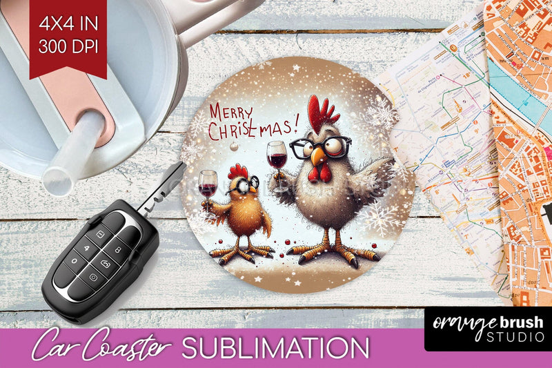 Funny Christmas Car Coaster PNG, Chicken Coaster Sublimatoin Sublimation OrangeBrushStudio 