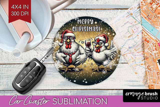 Funny Christmas Car Coaster PNG, Chicken Coaster Sublimatoin Sublimation OrangeBrushStudio 