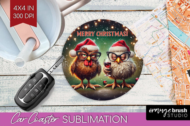 Funny Christmas Car Coaster PNG, Chicken Coaster Sublimatoin Sublimation OrangeBrushStudio 