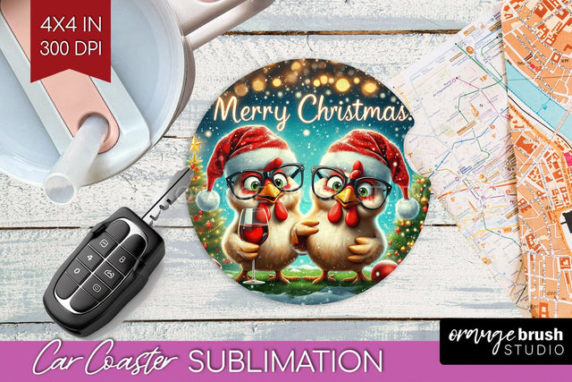 Funny Christmas Car Coaster PNG, Chicken Coaster Sublimatoin Sublimation OrangeBrushStudio 
