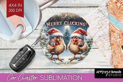 Funny Christmas Car Coaster PNG, Chicken Coaster Sublimatoin Sublimation OrangeBrushStudio 