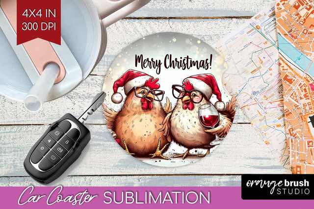 Funny Christmas Car Coaster PNG, Chicken Coaster Sublimatoin Sublimation OrangeBrushStudio 