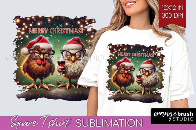 Funny Christmas Chicken Sublimation Square Tshirt Background Sublimation OrangeBrushStudio 