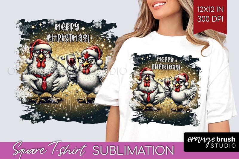 Funny Christmas Chicken Sublimation Square Tshirt Background Sublimation OrangeBrushStudio 