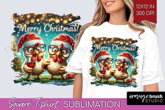Funny Christmas Chicken Sublimation Square Tshirt Background Sublimation OrangeBrushStudio 
