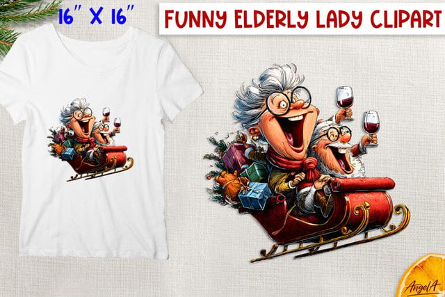 Funny Christmas clipart old lady, Santa Claus in sleigh PNG Sublimation Angelina Semenova 