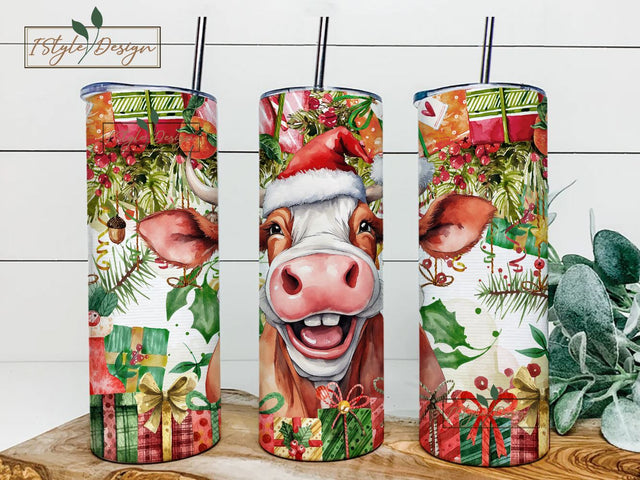 Funny Christmas Cow 20oz Skinny Seamless Tumbler Wrap PNG - Sublimation Tumbler Template Sublimation iStyleDesign 