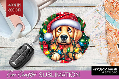 Funny Christmas Dog Car Coaster Sublimation OrangeBrushStudio 