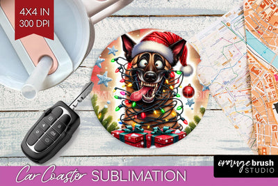 Funny Christmas Dog Car Coaster Sublimation OrangeBrushStudio 