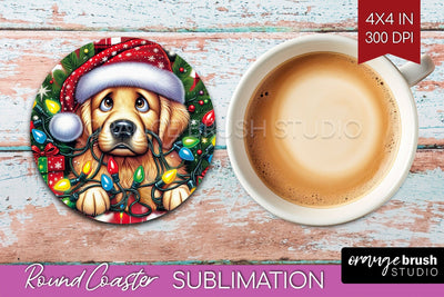 Funny Christmas Dog Round Coaster Sublimation OrangeBrushStudio 