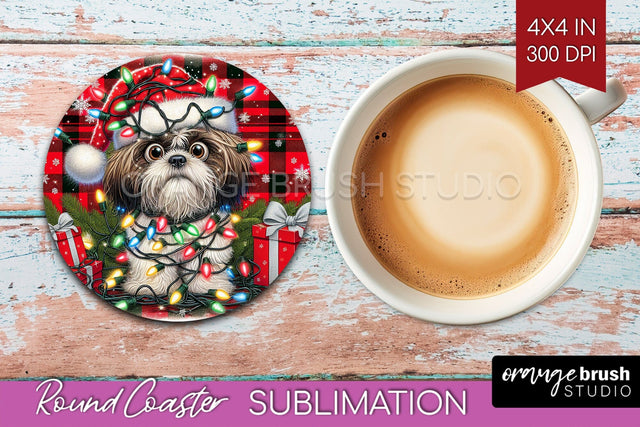 Funny Christmas Dog Round Coaster Sublimation OrangeBrushStudio 