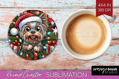 Funny Christmas Dog Round Coaster Sublimation OrangeBrushStudio 