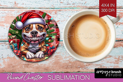 Funny Christmas Dog Round Coaster Sublimation OrangeBrushStudio 