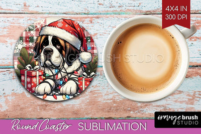 Funny Christmas Dog Round Coaster Sublimation OrangeBrushStudio 