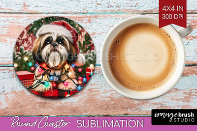 Funny Christmas Dog Round Coaster Sublimation OrangeBrushStudio 