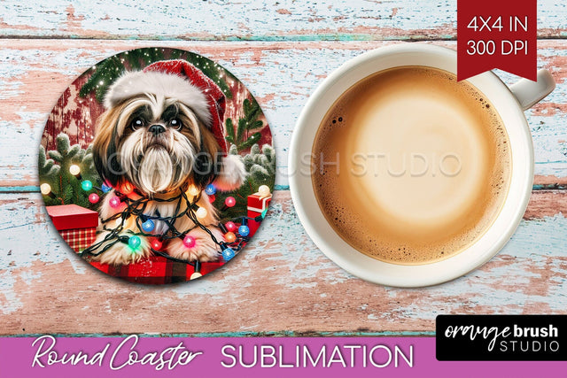 Funny Christmas Dog Round Coaster Sublimation OrangeBrushStudio 