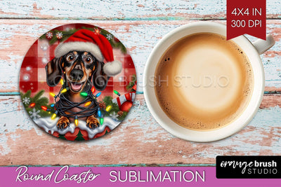 Funny Christmas Dog Round Coaster Sublimation OrangeBrushStudio 