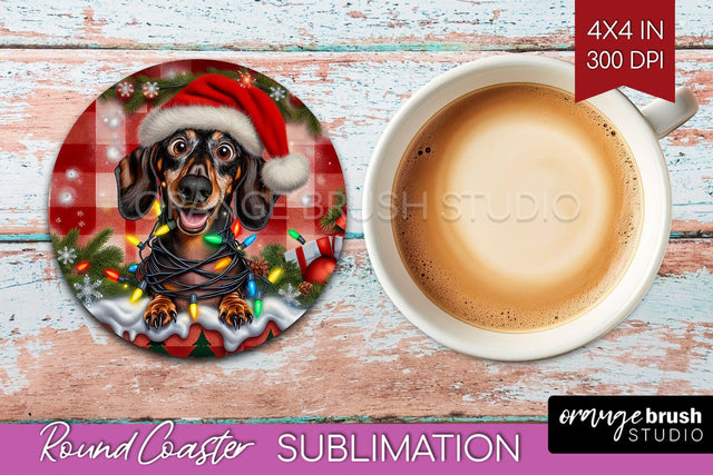 Funny Christmas Dog Round Coaster Sublimation OrangeBrushStudio 