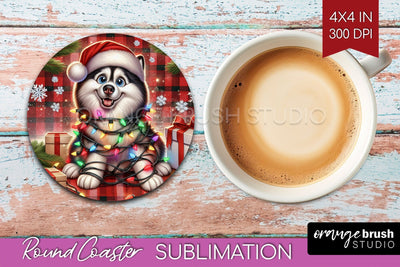 Funny Christmas Dog Round Coaster Sublimation OrangeBrushStudio 