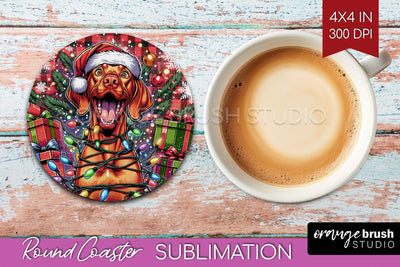Funny Christmas Dog Round Coaster Sublimation OrangeBrushStudio 
