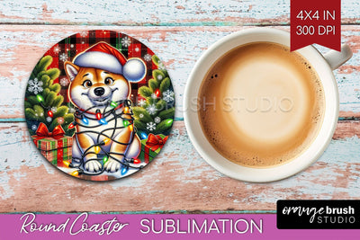 Funny Christmas Dog Round Coaster Sublimation OrangeBrushStudio 