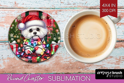 Funny Christmas Dog Round Coaster Sublimation OrangeBrushStudio 