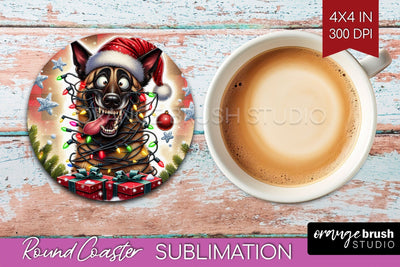 Funny Christmas Dog Round Coaster Sublimation OrangeBrushStudio 