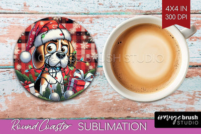 Funny Christmas Dog Round Coaster Sublimation OrangeBrushStudio 