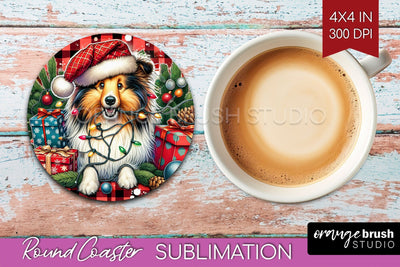 Funny Christmas Dog Round Coaster Sublimation OrangeBrushStudio 