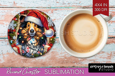 Funny Christmas Dog Round Coaster Sublimation OrangeBrushStudio 