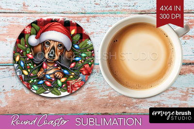 Funny Christmas Dog Round Coaster Sublimation OrangeBrushStudio 