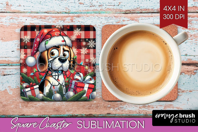 Funny Christmas Dog Square Coaster Sublimation OrangeBrushStudio 