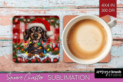 Funny Christmas Dog Square Coaster Sublimation OrangeBrushStudio 