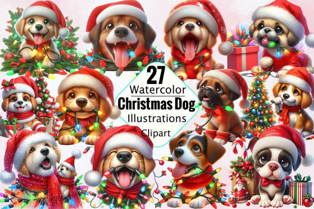 Funny Christmas Dog Watercolor Clipart Sublimation SVGArt 