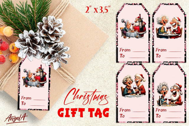 Funny Christmas gift tags, Elderly lady and Santa Humor PNG Sublimation Angelina Semenova 