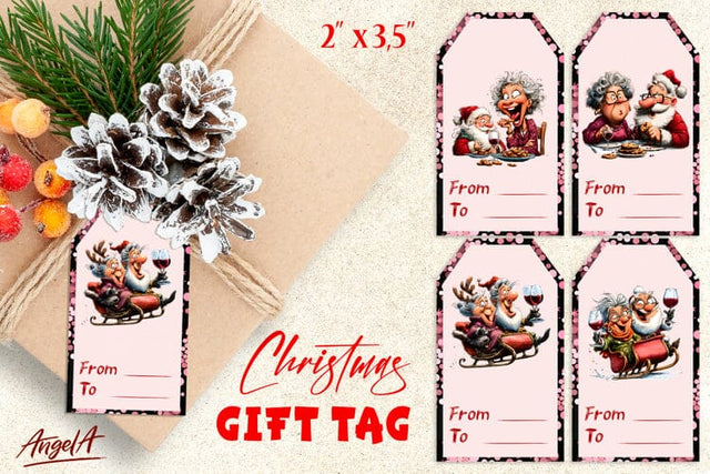 Funny Christmas gift tags, Elderly lady and Santa Humor PNG Sublimation Angelina Semenova 