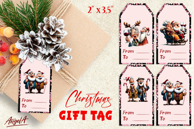 Funny Christmas gift tags, Happy Elderly people and Santa Sublimation Angelina Semenova 