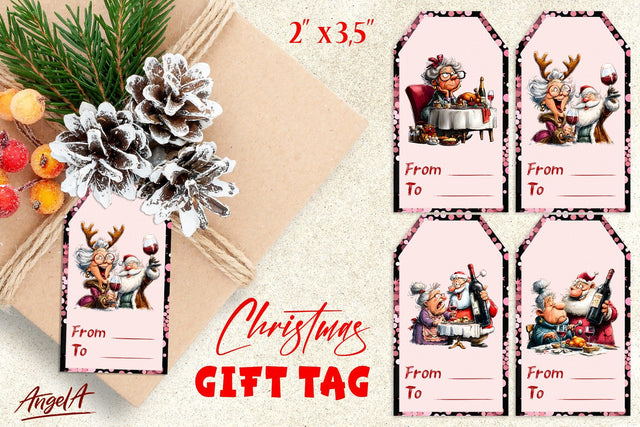 Funny Christmas gift tags, Old lady with Santa Claus, wine Sublimation Angelina Semenova 