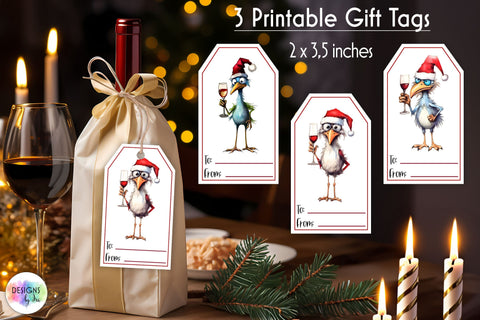 Funny Christmas gift tags, Wine bag gift tags with funny birds Sublimation Designs by Ira 