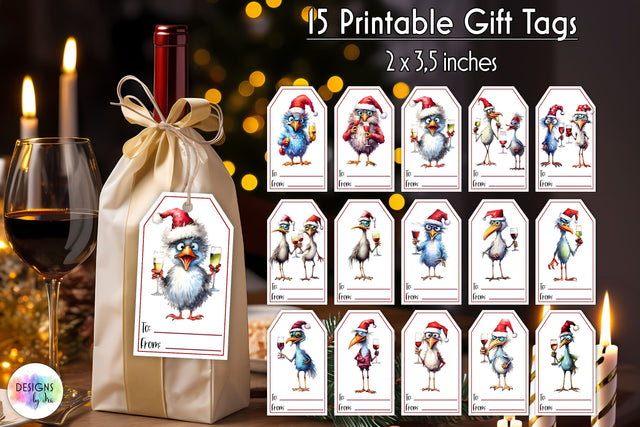 Funny Christmas gift tags, Wine bag gift tags with funny birds Sublimation Designs by Ira 