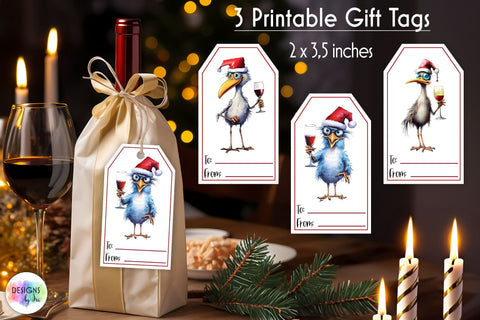Funny Christmas gift tags, Wine bag gift tags with funny birds Sublimation Designs by Ira 