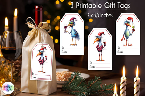 Funny Christmas gift tags, Wine bag gift tags with funny birds Sublimation Designs by Ira 