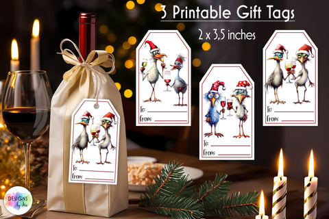 Funny Christmas gift tags, Wine bag gift tags with funny birds Sublimation Designs by Ira 