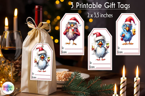 Funny Christmas gift tags, Wine bag gift tags with funny birds Sublimation Designs by Ira 